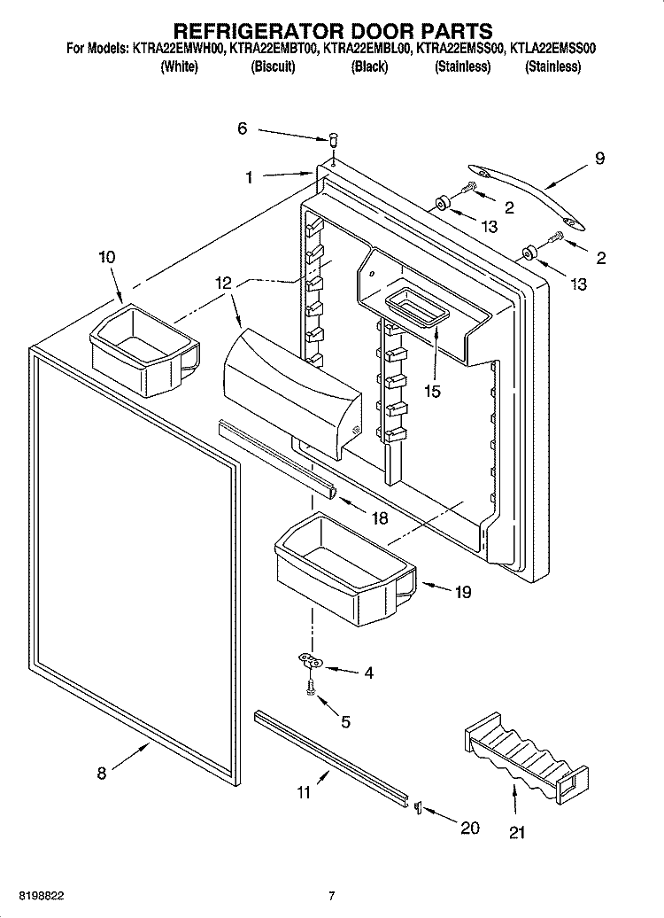 REFRIGERATOR DOOR PARTS Diagram and Parts List for KTRA22EMWH00  KitchenAid Refrigerator