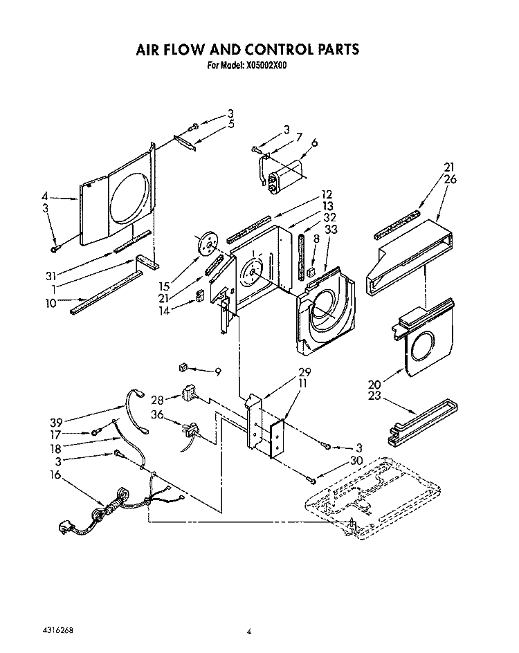 AIRFLOW AND CONTROL Diagram and Parts List for X05002X00  Roper Air Conditioner