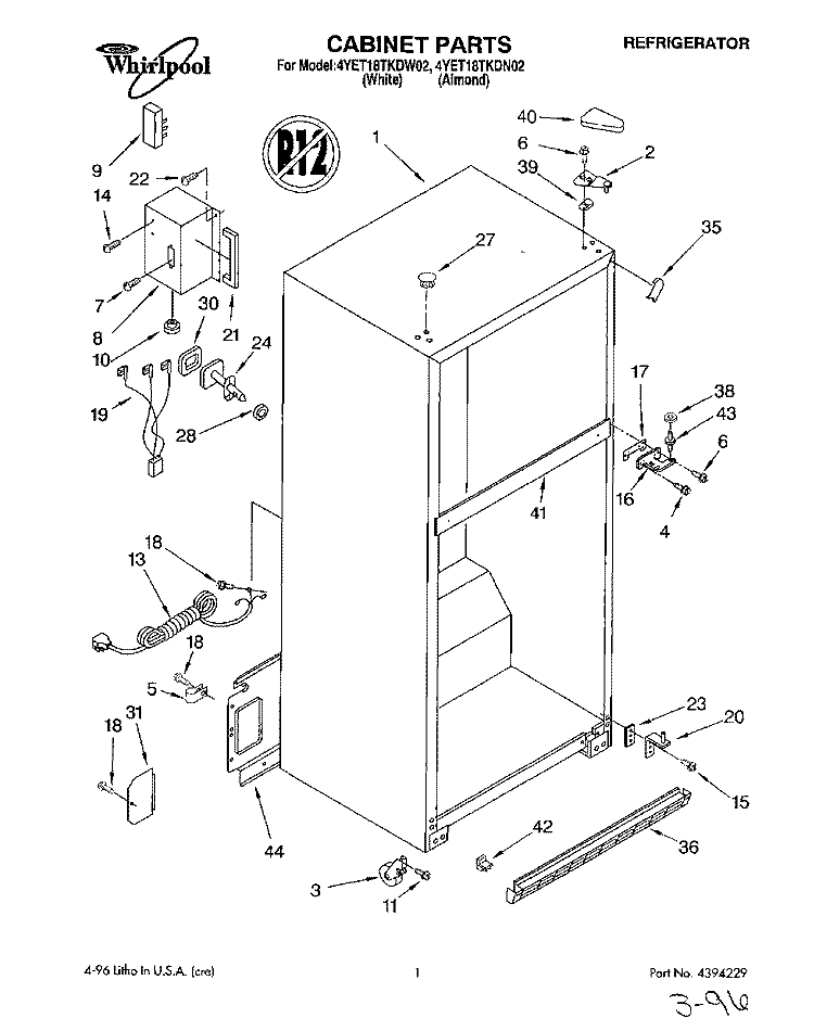 CABINET Diagram and Parts List for 4YET18TKDN02  Whirlpool Refrigerator