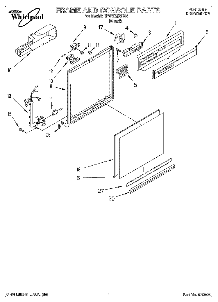 FRAME AND CONSOLE Diagram and Parts List for DP920QWDB4  Whirlpool Dishwasher