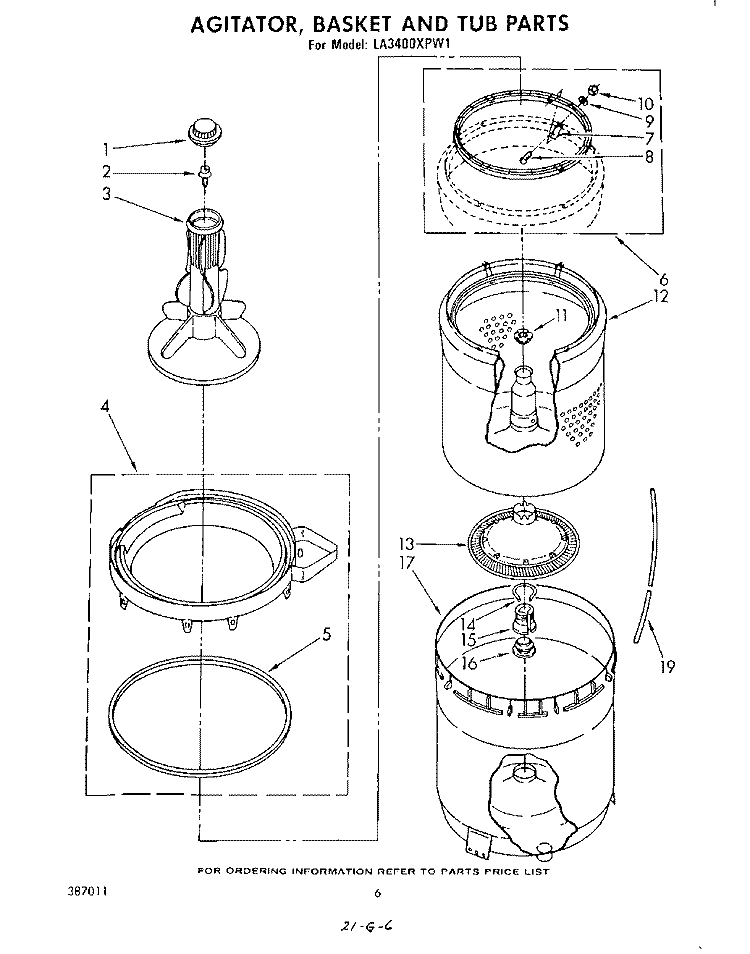 AGITATOR, BASKET AND TUB Diagram and Parts List for LA3400XPW1  Whirlpool Washer