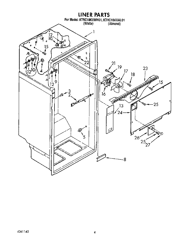 LINER Diagram and Parts List for KTRC18KXWH01  KitchenAid Refrigerator