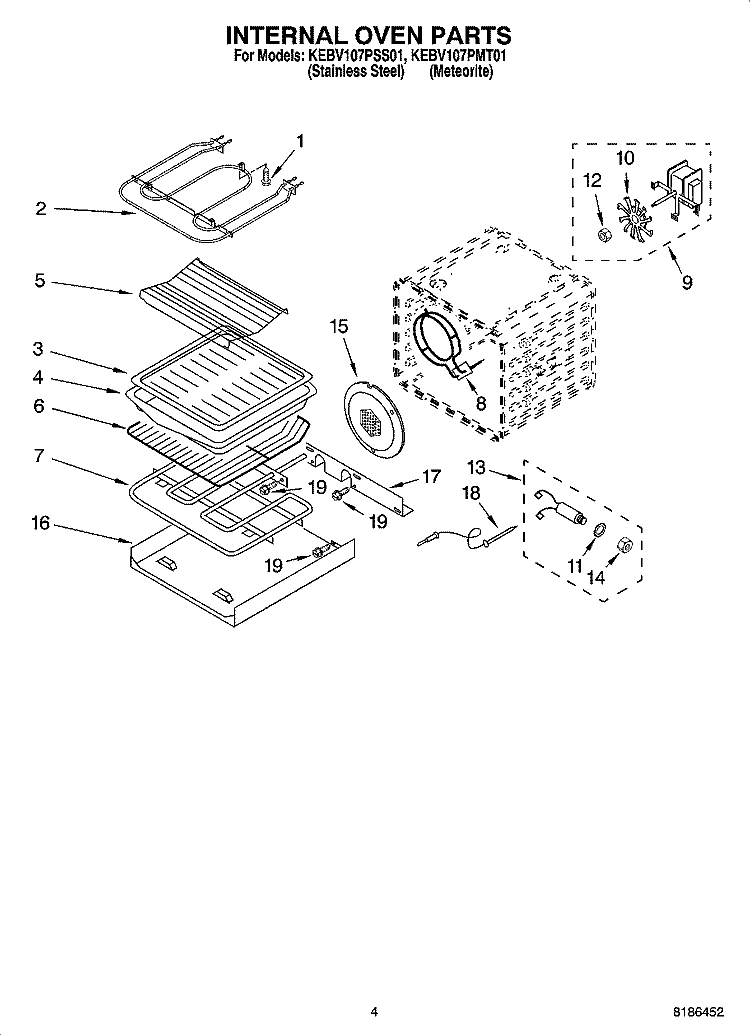 INTERNAL OVEN PARTS Diagram and Parts List for KEBV107PMT01  KitchenAid Wall Oven