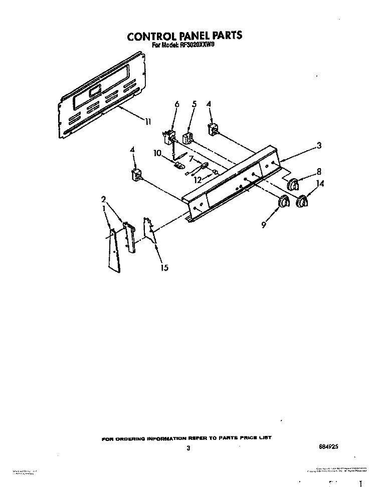CONTROL PANEL Diagram and Parts List for RF3020XXN0  Whirlpool Range