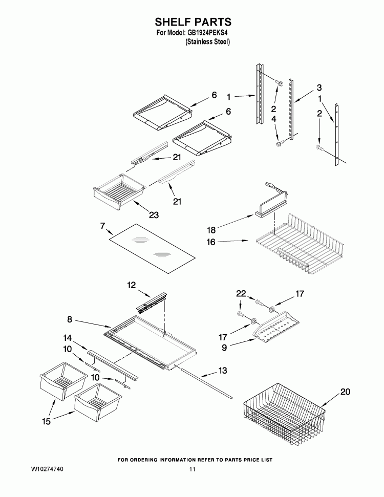 SHELF PARTS Diagram and Parts List for GB1924PEKS4  Whirlpool Refrigerator
