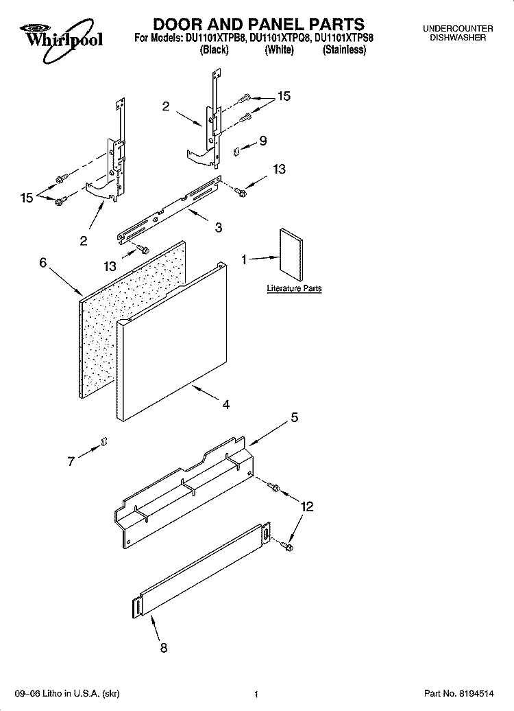 DOOR AND PANEL PARTS Diagram and Parts List for DU1101XTPS8  Whirlpool Dishwasher
