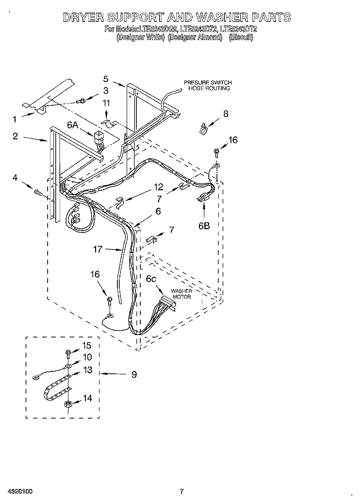 DRYER SUPPORT AND WASHER Diagram and Parts List for LTE5243DQ2  Whirlpool Washer Dryer Combo