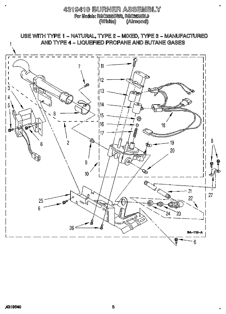 4319410 BURNER ASSEMBLY Diagram and Parts List for RGC3622BW0  Roper Dryer