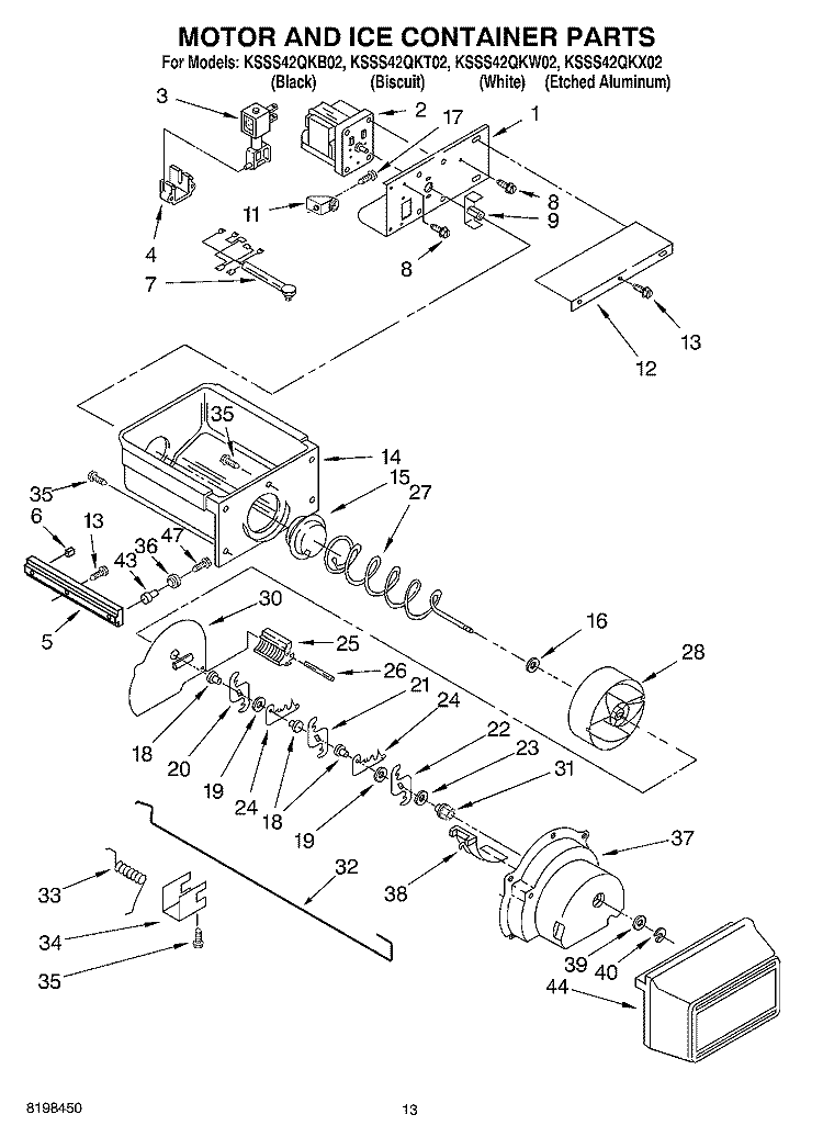 MOTOR AND ICE CONTAINER PARTS Diagram and Parts List for KSSS42QKT02  KitchenAid Refrigerator