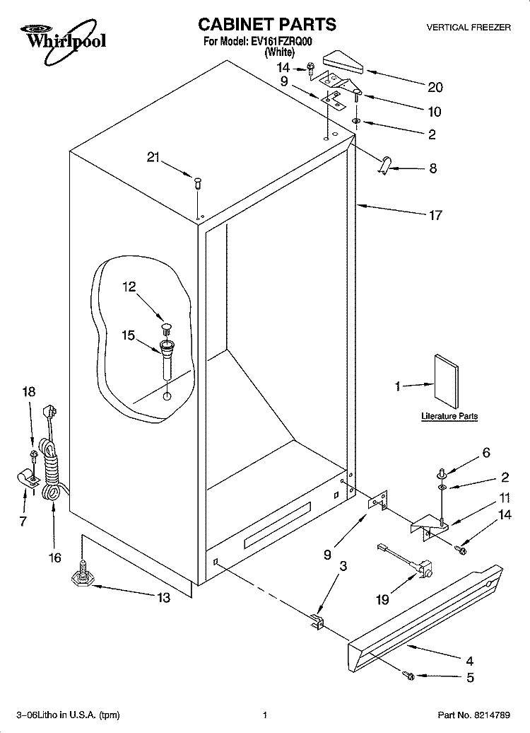 CABINET PARTS Diagram and Parts List for EV161FZRQ00  Whirlpool Freezer