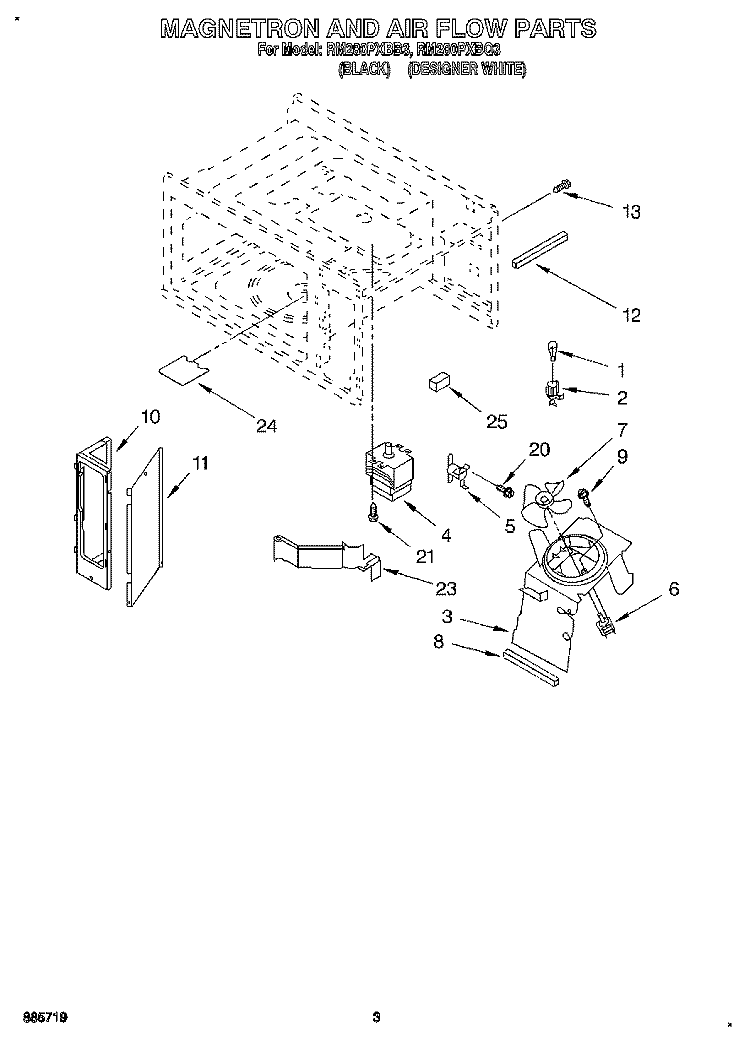 MAGNETRON AND AIR FLOW Diagram and Parts List for RM280PXBQ3  Whirlpool Microwave Oven Combo