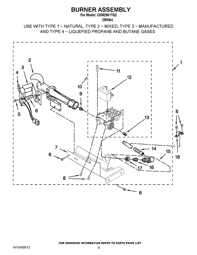 BURNER ASSEMBLY Diagram and Parts List for CGM2941TQ2  Whirlpool Dryer