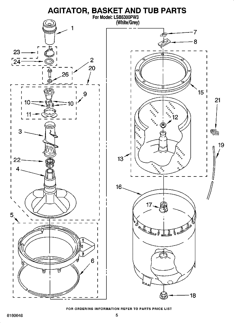 AGITATOR, BASKET AND TUB PARTS Diagram and Parts List for LSB6300PW3  Whirlpool Washer