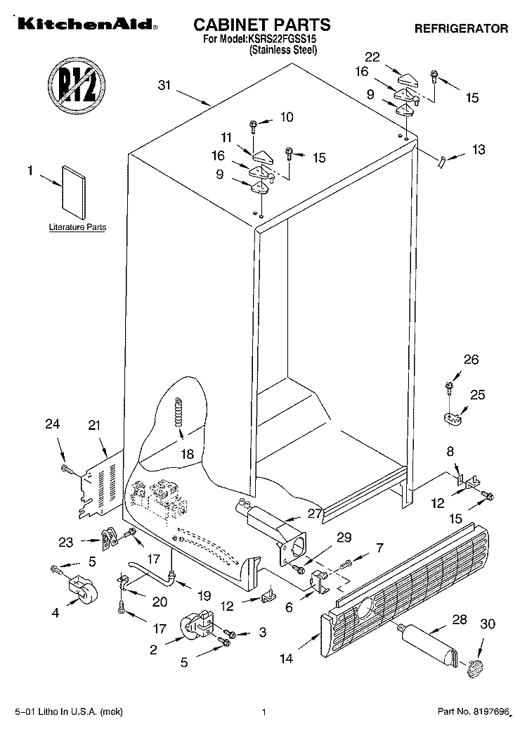 CABINET, LITERATURE Diagram and Parts List for KSRS22FGSS15  KitchenAid Refrigerator