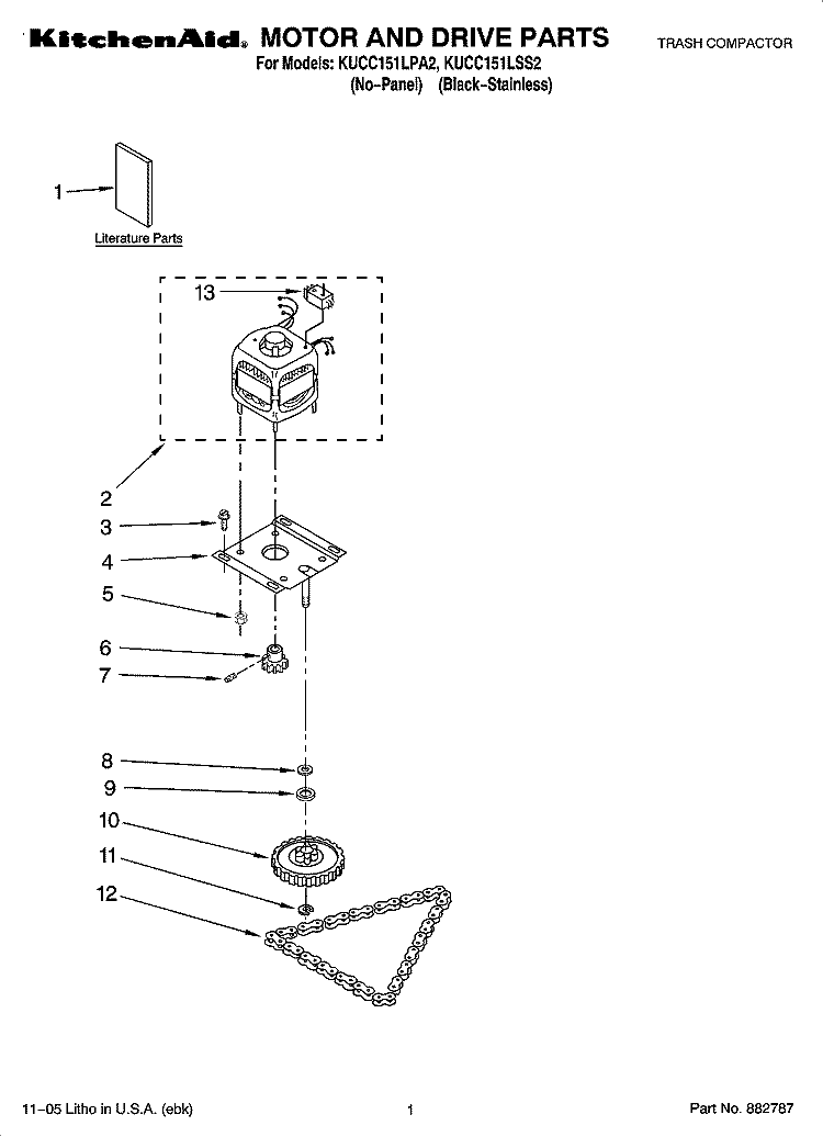 MOTOR AND DRIVE PARTS Diagram and Parts List for KUCC151LPA2  KitchenAid Trash Compactor