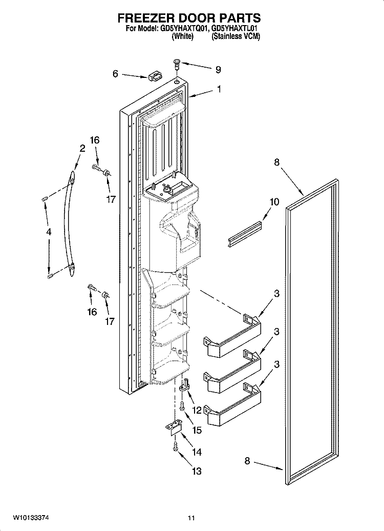 FREEZER DOOR PARTS Diagram and Parts List for GD5YHAXTQ01  Whirlpool Refrigerator