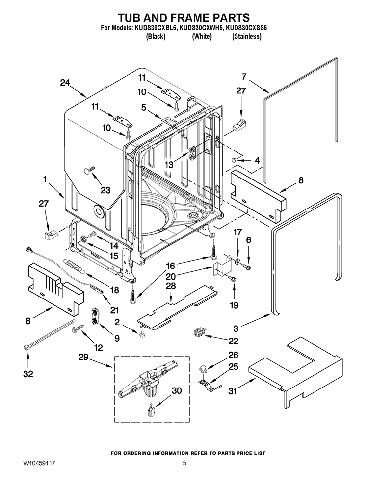 TUB AND FRAME PARTS Diagram and Parts List for KUDS30CXBL5  KitchenAid Dishwasher
