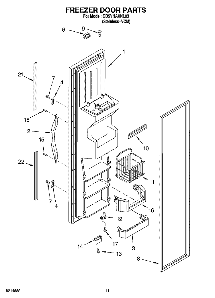 FREEZER DOOR PARTS Diagram and Parts List for GD5YHAXNL03  Whirlpool Refrigerator