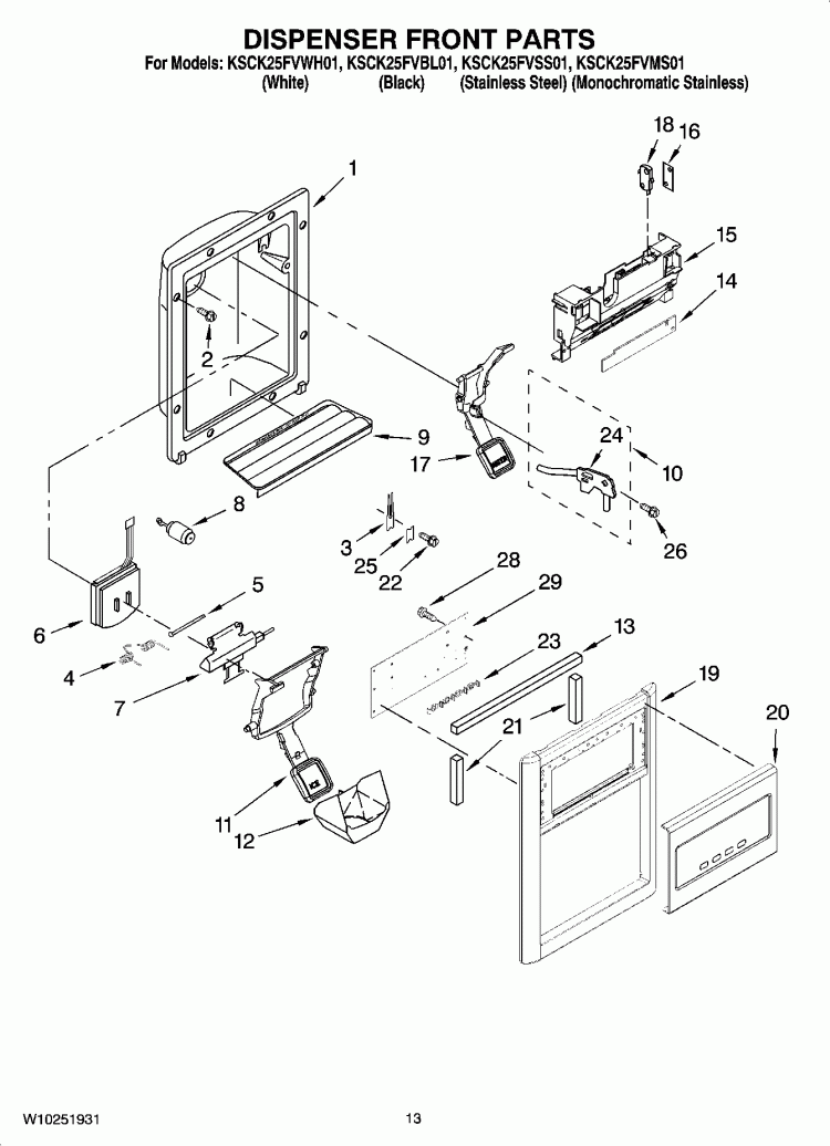 DISPENSER FRONT PARTS Diagram and Parts List for KSCK25FVWH01  KitchenAid Refrigerator