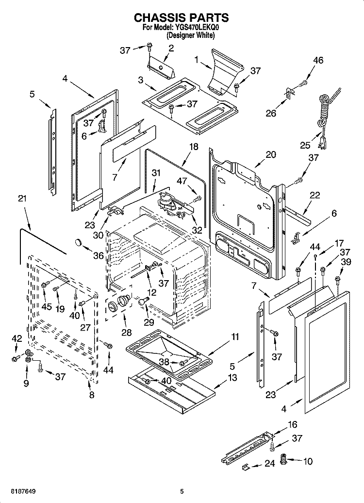 CHASSIS PARTS Diagram and Parts List for YGS470LEKQ0  Whirlpool Range