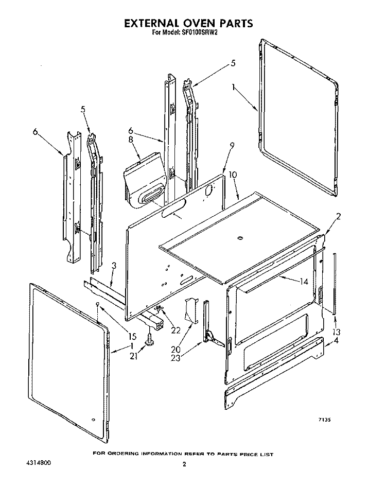 EXTERNAL OVEN Diagram and Parts List for SF0100SRW2  Whirlpool Range