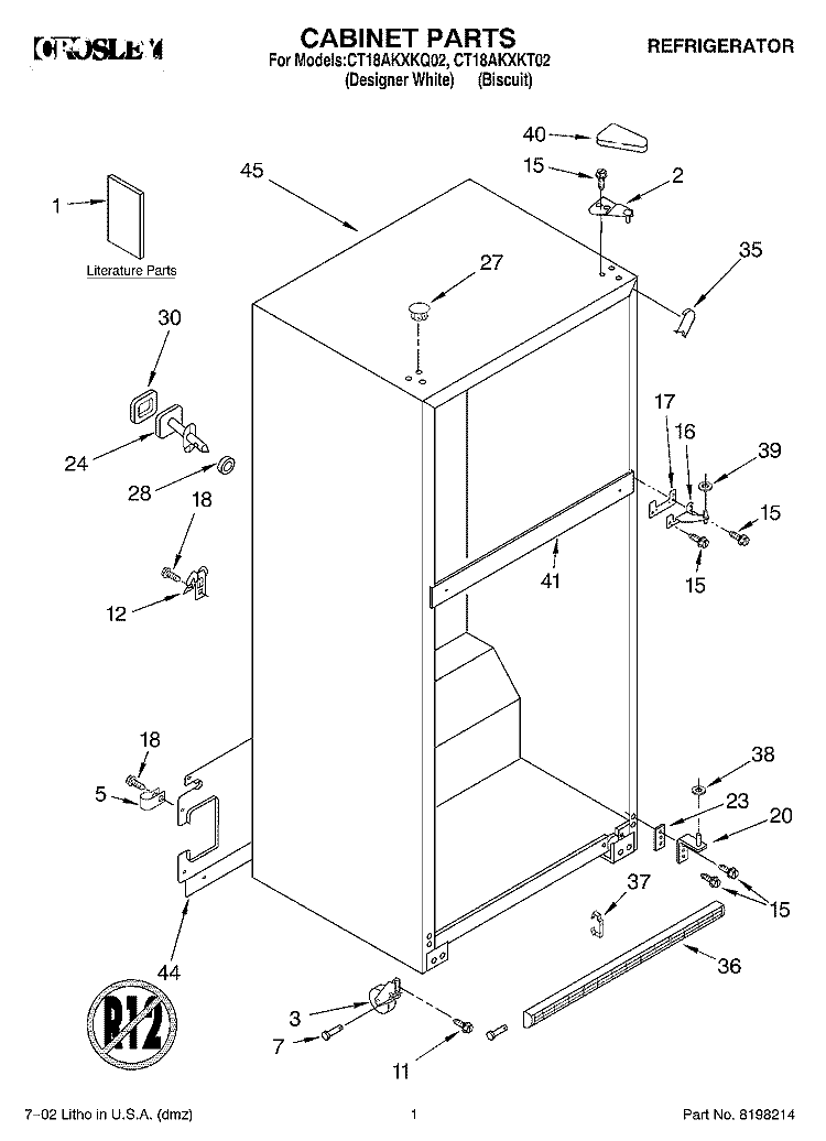 CABINET, LITERATURE Diagram and Parts List for CT18AKXKT02  Crosley Refrigerator