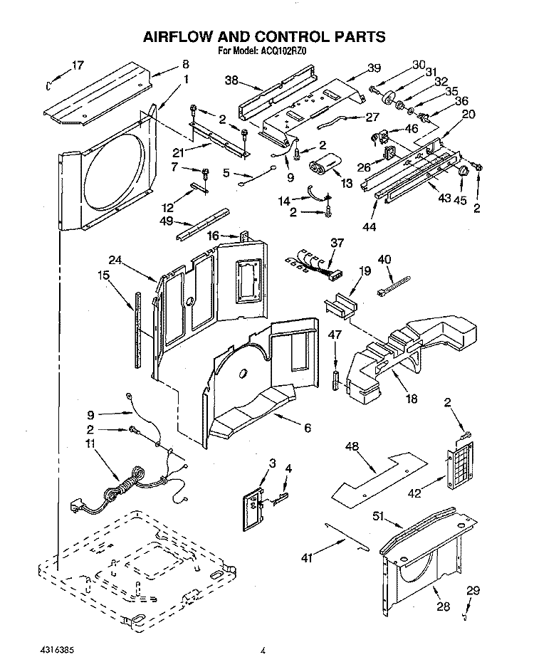 AIR FLOW AND CONTROL Diagram and Parts List for ACQ102RZ0  Whirlpool Air Conditioner