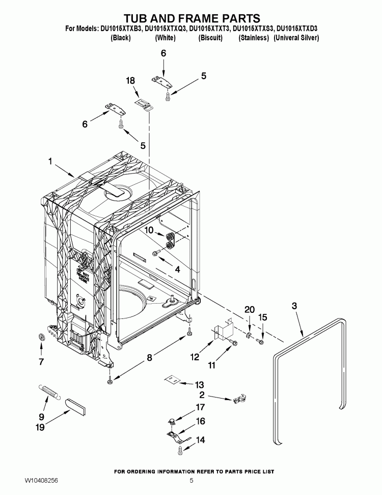 TUB AND FRAME PARTS Diagram and Parts List for DU1015XTXQ3  Whirlpool Dishwasher