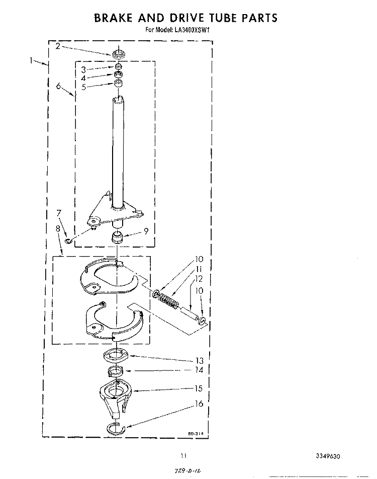 BRAKE AND DRIVE TUBE Diagram and Parts List for LA3400XSW1  Whirlpool Washer