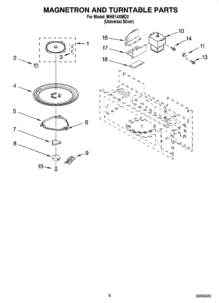 MAGNETRON AND TURNTABLE PARTS Diagram and Parts List for MHE14XMD2  Roper Microwave