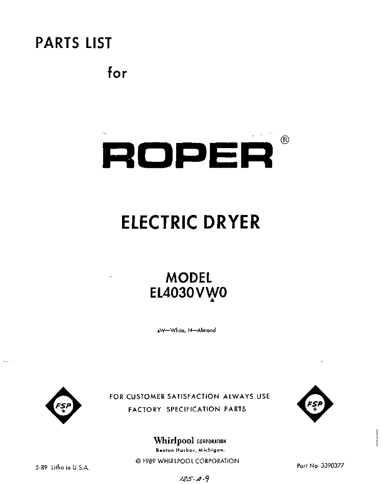 SECTION Diagram and Parts List for EL4030VL0  Roper Dryer