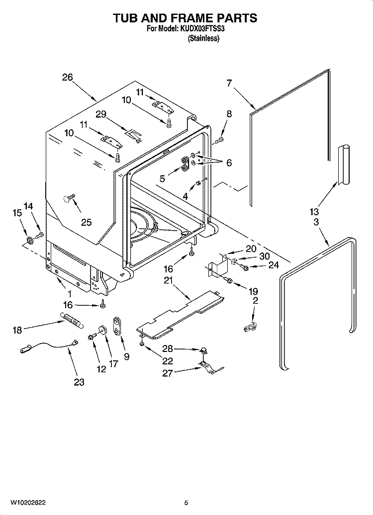 TUB AND FRAME PARTS Diagram and Parts List for KUDX03FTSS3  KitchenAid Dishwasher