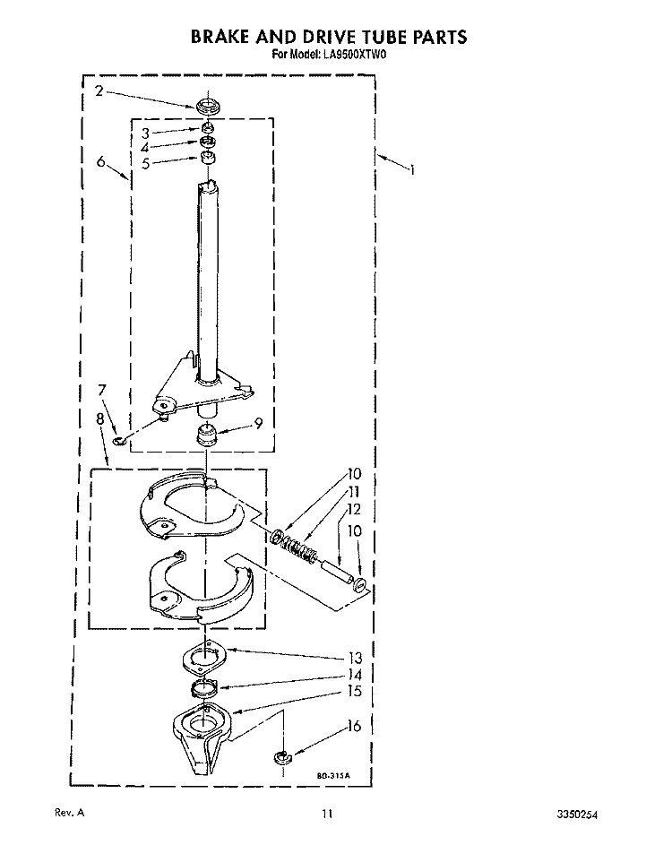 BRAKE AND DRIVE TUBE Diagram and Parts List for LA9500XTM0  Whirlpool Washer