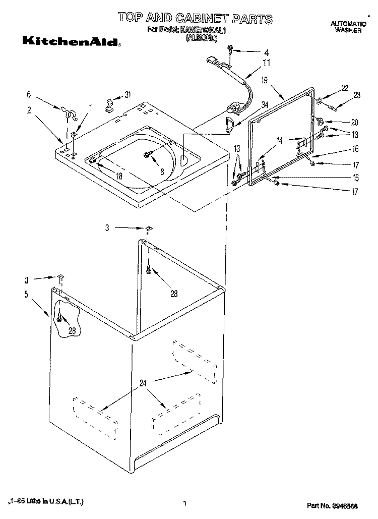TOP AND CABINET, LIT/OPTIONAL Diagram and Parts List for KAWE768BAL1  KitchenAid Washer