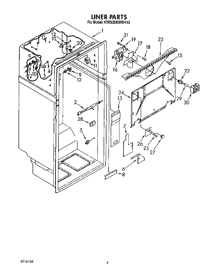 LINER Diagram and Parts List for KTRS20KWAL12  KitchenAid Refrigerator