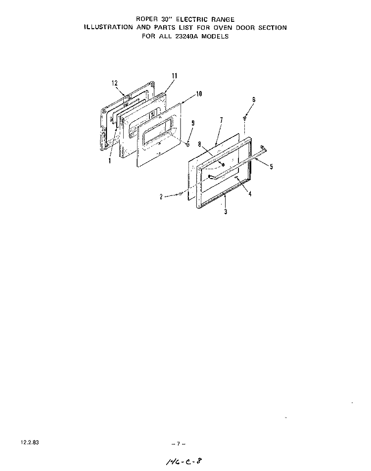 OVEN DOOR Diagram and Parts List for 2324W0A  Roper Range
