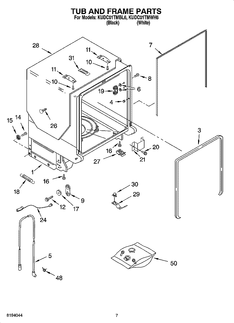 TUB AND FRAME PARTS Diagram and Parts List for KUDC01TMBL6  KitchenAid Dishwasher