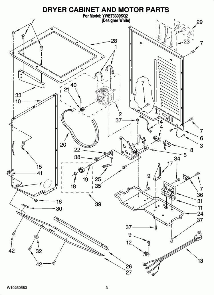 DRYER CABINET AND MOTOR PARTS Diagram and Parts List for YWET3300SQ2  Whirlpool Washer Dryer Combo