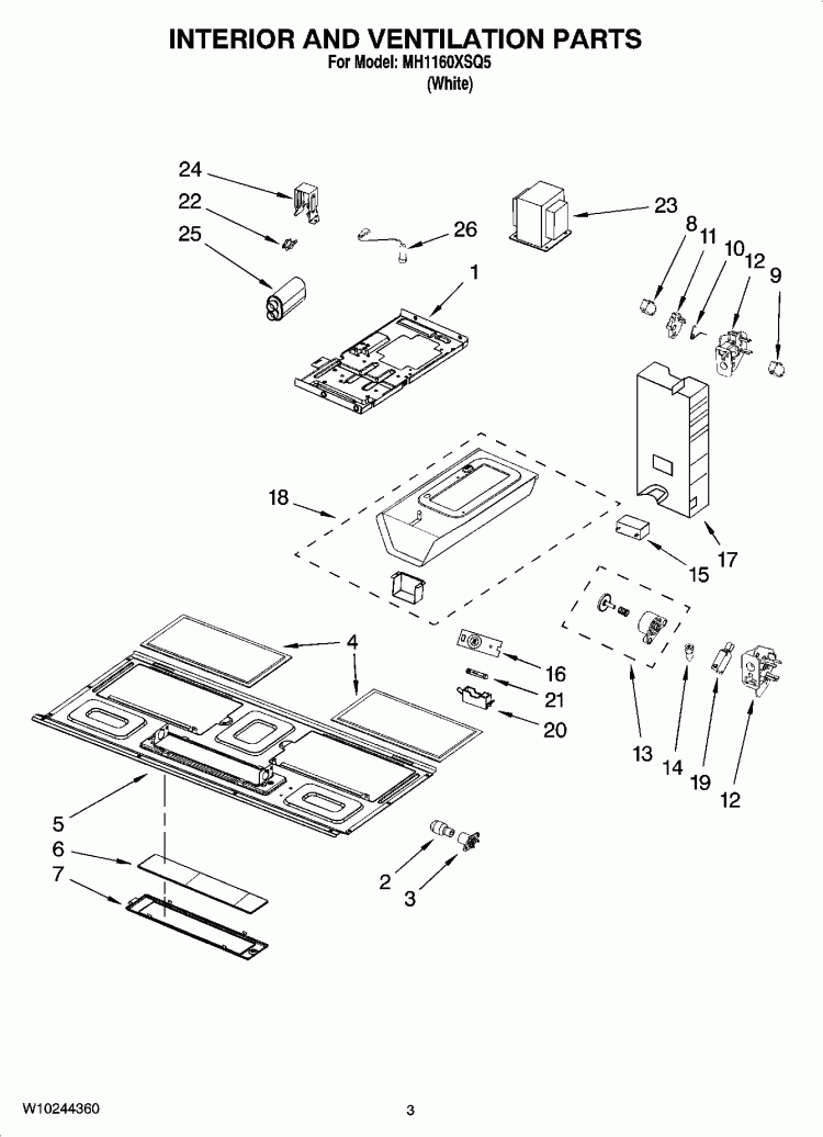 INTERIOR AND VENTILATION PARTS Diagram and Parts List for MH1160XSQ5  Whirlpool Microwave