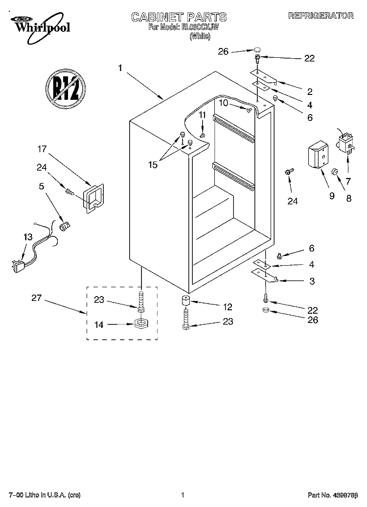 CABINET Diagram and Parts List for EL03CCXJW  Whirlpool Refrigerator