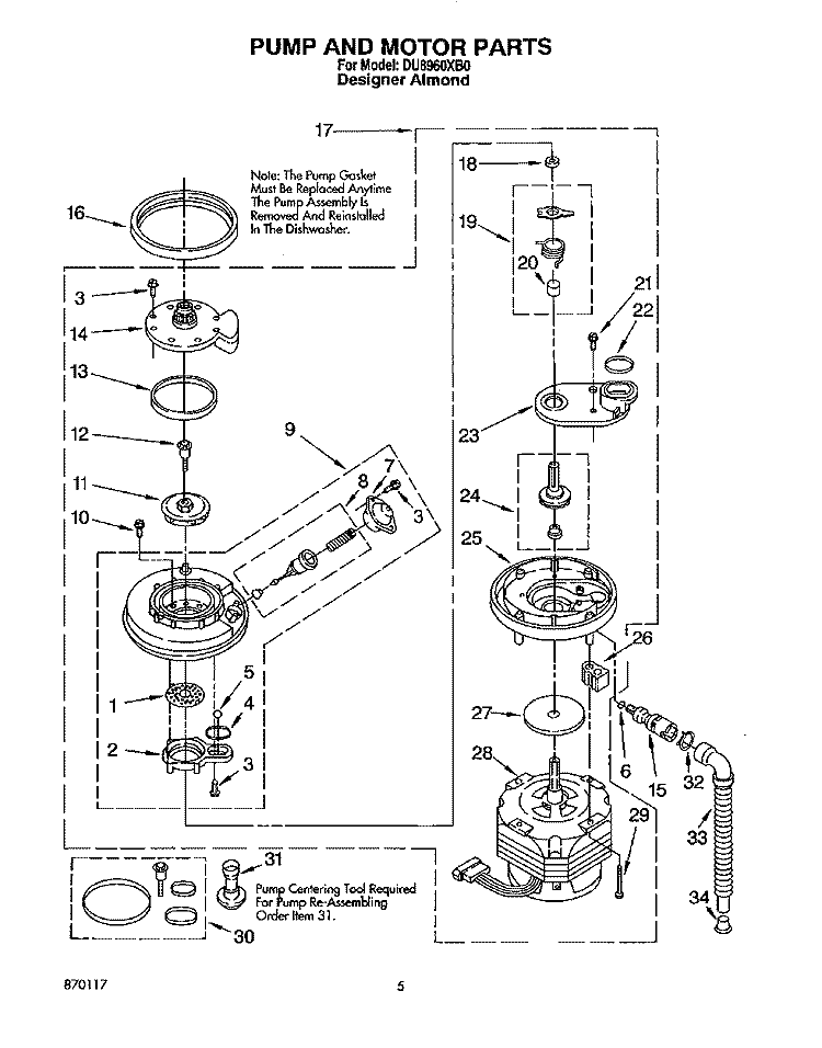 PUMP AND MOTOR Diagram and Parts List for DU8960XB0  Whirlpool Dishwasher