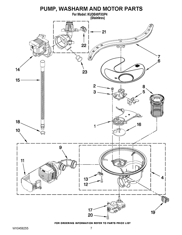 PUMP, WASHARM AND MOTOR PARTS Diagram and Parts List for KUDE40FXSP4  KitchenAid Dishwasher