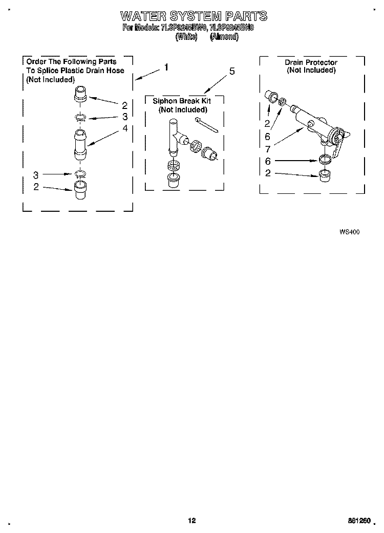 WATER SYSTEM Diagram and Parts List for 7LSP9245BW0  Whirlpool Washer