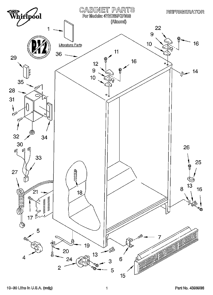 CABINET, LITERATURE Diagram and Parts List for 4YED25PQFN03  Whirlpool Refrigerator