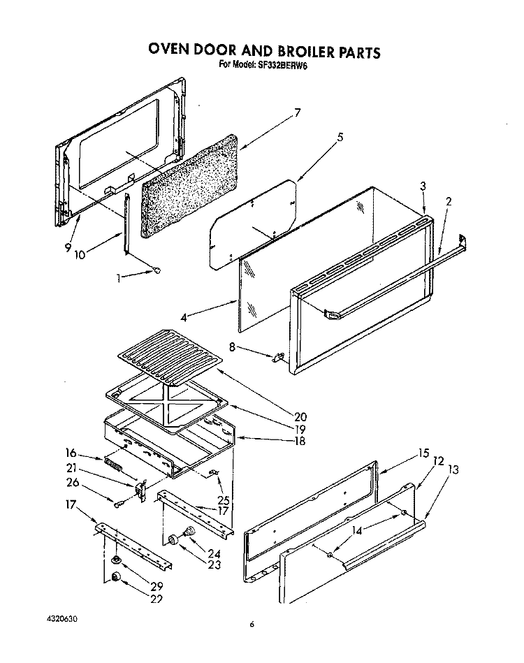 OVEN DOOR AND BROILER Diagram and Parts List for SF332BERN6  Whirlpool Range