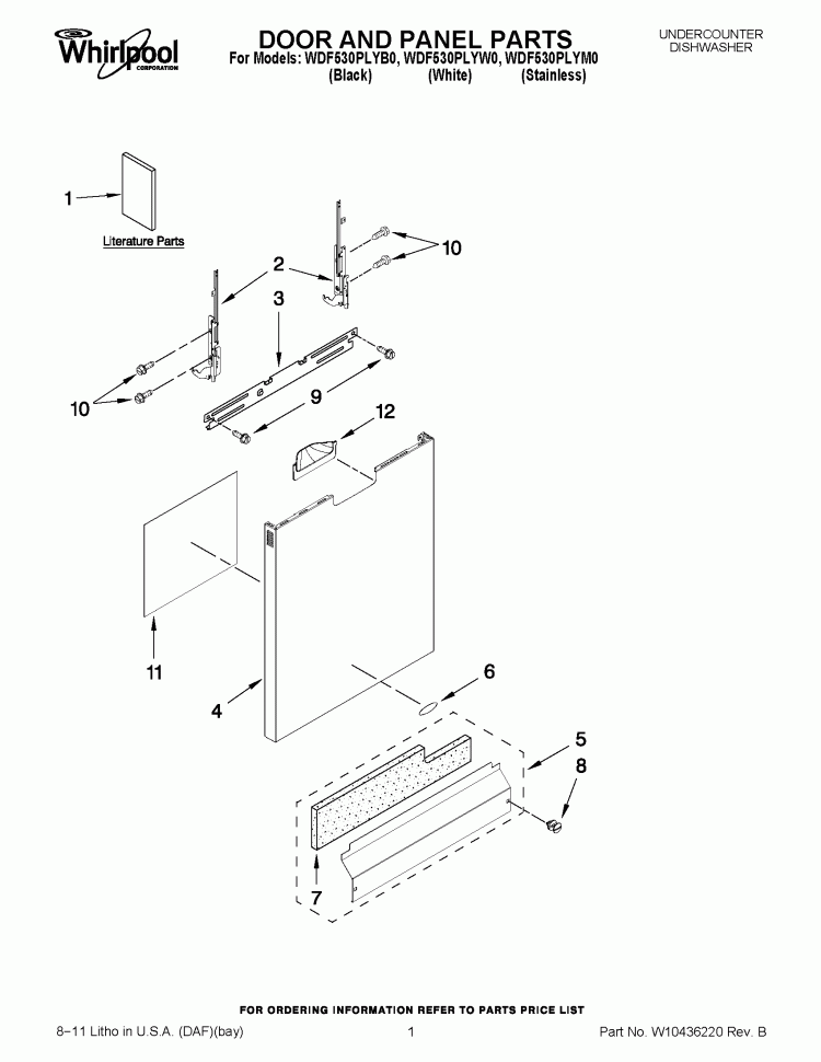 DOOR AND PANEL PARTS Diagram and Parts List for WDF530PLYB0  Whirlpool Dishwasher