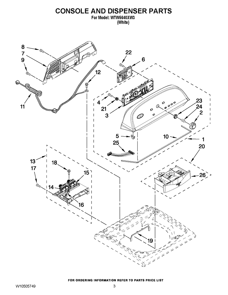 CONSOLE AND DISPENSER PARTS Diagram and Parts List for WTW5640XW3  Whirlpool Washer