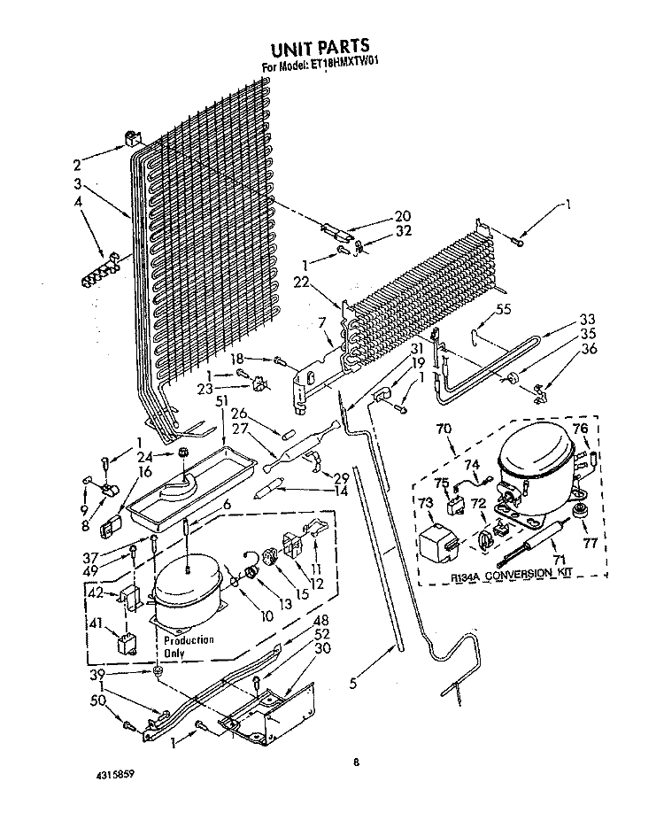UNIT Diagram and Parts List for ET18HMXTM01  Whirlpool Refrigerator