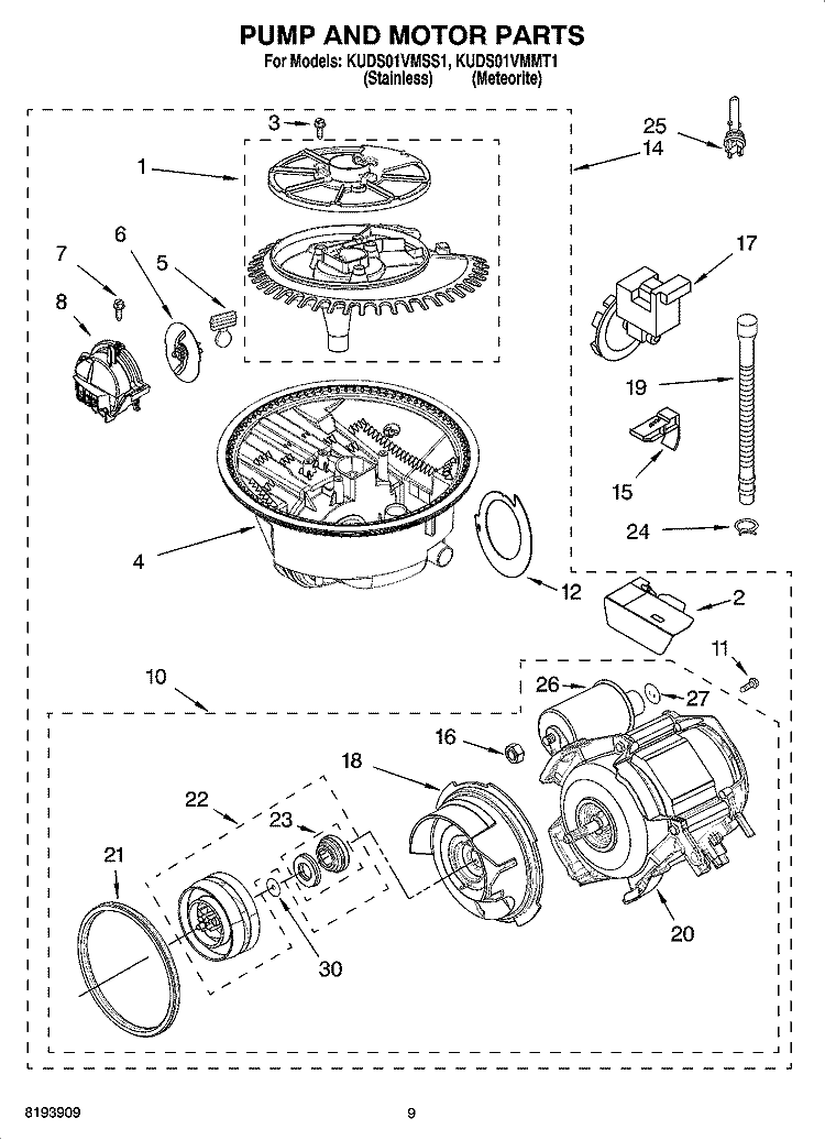 PUMP AND MOTOR PARTS Diagram and Parts List for KUDS01VMMT1  KitchenAid Dishwasher