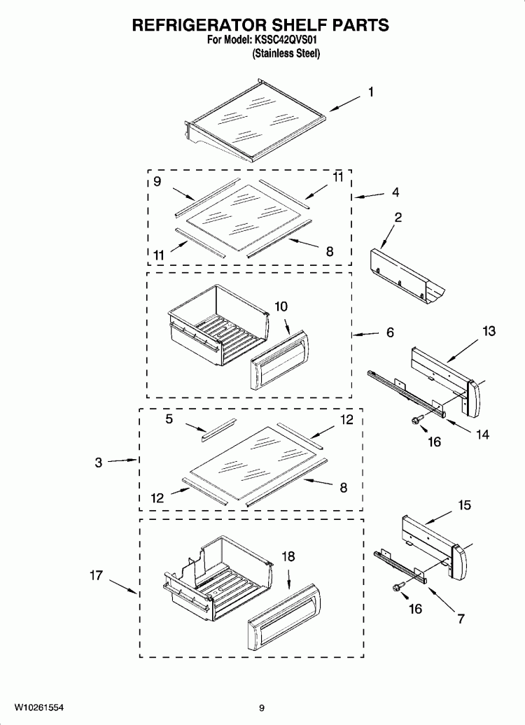 REFRIGERATOR SHELF PARTS Diagram and Parts List for KSSC42QVS01  KitchenAid Refrigerator